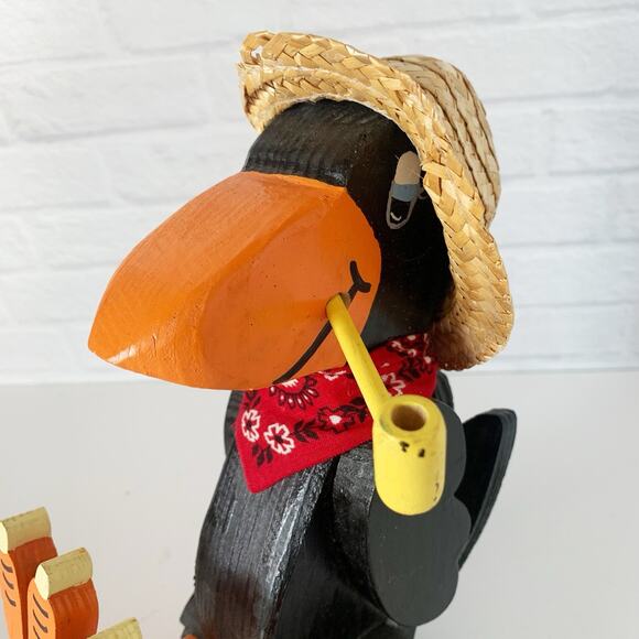 Primitive Black Crow Wood Shelf Sitter Figurine in Straw Hat Fall Pipe Folk Art - Picture 3 of 7